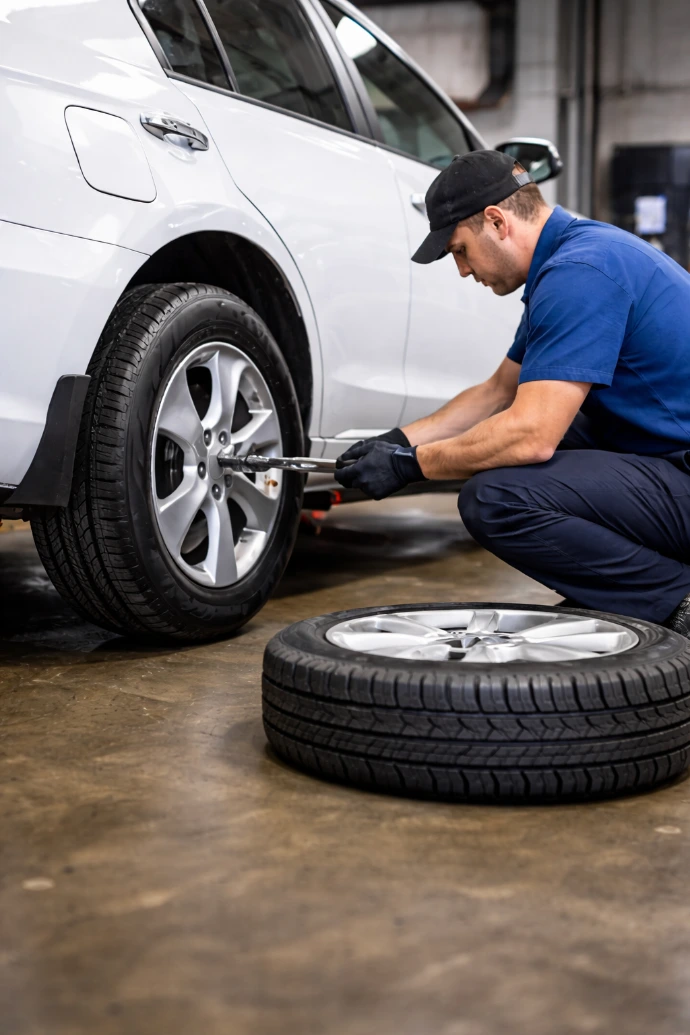 Tire rotation service in Calgary mechanic tightening lug nuts
